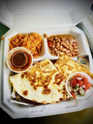 Quesadilla Plate, served with rice and borracho beans.