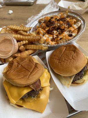 Single (California style) w/fries. Double (Kansas style) w/ loaded fries