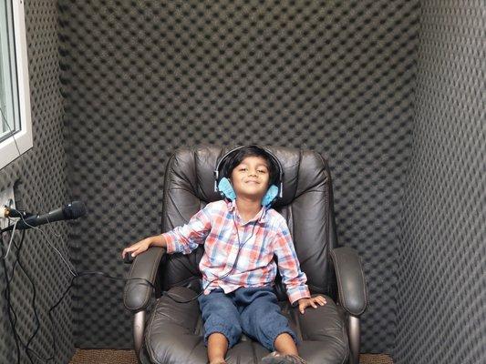 Inside our Sound booth! Looks comfortable to sleep!