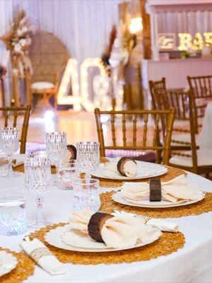 40th birthday party celebration with peacock chair marquee letters, dessert cart & more party features.