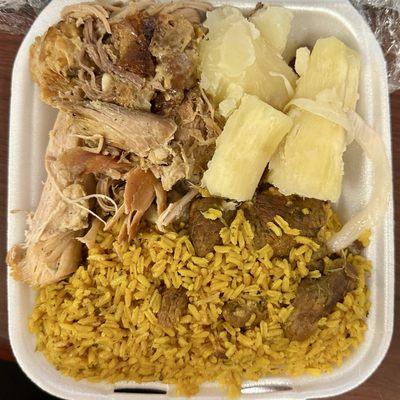 Pernil, Yuca, Arroz Amarillo con Cerdo