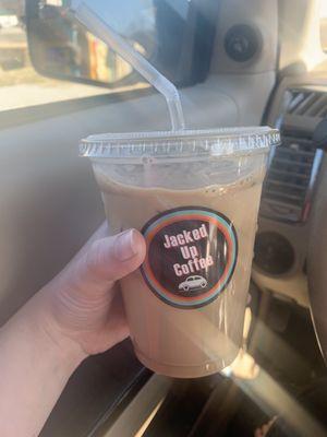 Iced coffee with caramel and shortbread flavors