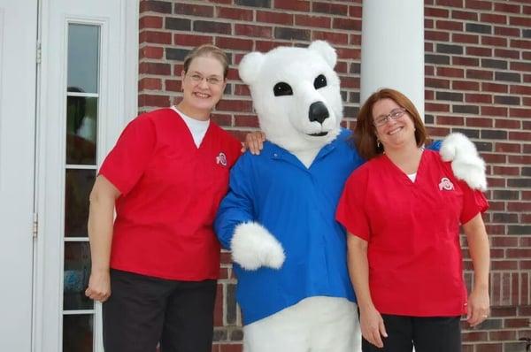 Dr. Andrea Miller and Dr. Lisa Richards with Molar the Polar Bear.