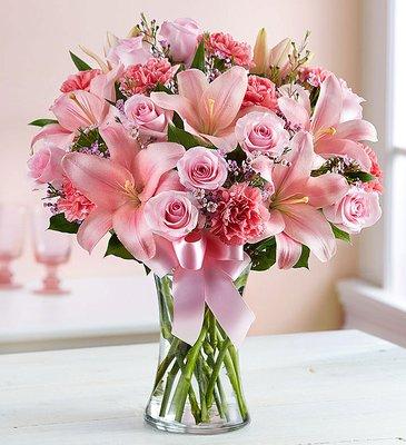 Austin Texas Pink roses, pink lilies and pink flower arrangement.