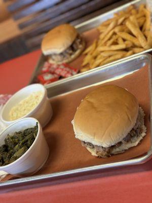 Pork sandwiches, Cole slaw, turnip greens and fries.