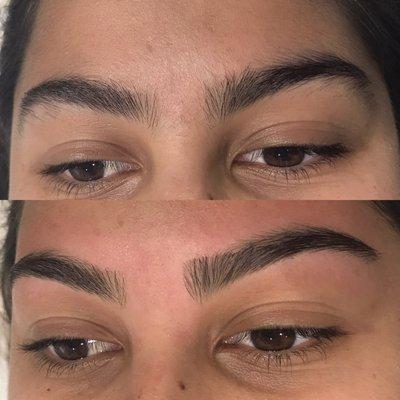 Eyebrow shaping, before and after.