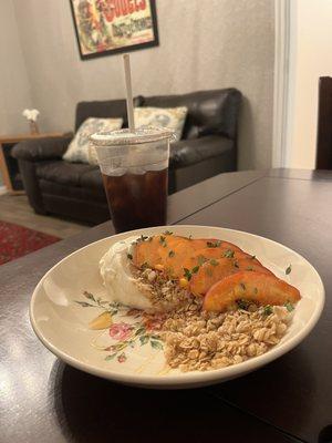 Peach thyme yogurt bowl and an iced coffee