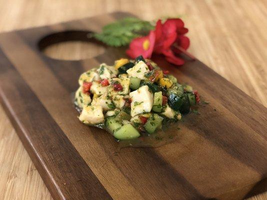 Housemade Pineapple Ono Ceviche.  Grandma Norma's secret recipe.