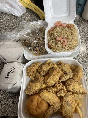 Wings, shrimp fried rice, turkey neck, hot sausage on bun, shrimp on bun.