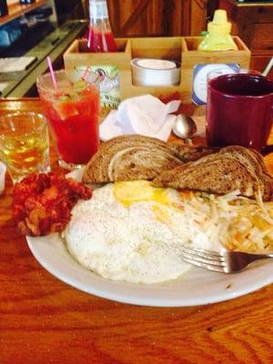 "Red Eye"breakfast! Comes with a Bloody Mary .... And your Bloody Mary comes with a beer ...