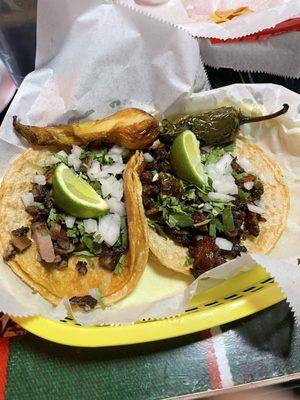 Lengua (left) + Pastor (right) Taco