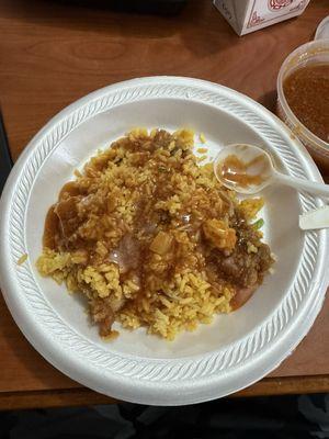 Shrimp Egg Foo Young with fried rice and gravy
