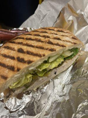 Special order torta de pollo with extra jalapeños and avocado and lettuce toasted