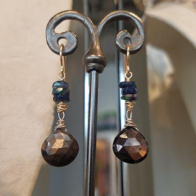 Black Sapphire and Opal handmade earrings