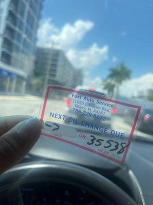 Proof of Oil change at Fast Auto Service.