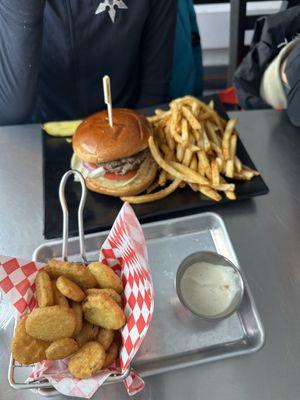 Fried Pickles, Intermediate Burger, side of fries.
