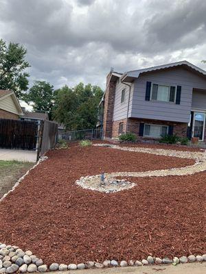 Red mulch in the front yard.