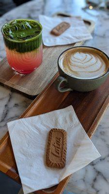 Watermelon Matcha (seasonal) and Praline Latte