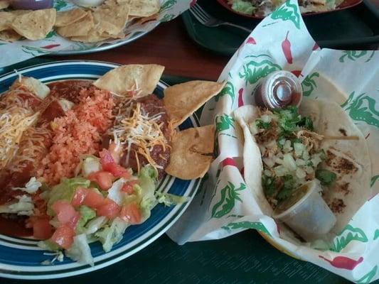 Beef enchiladas and a carnitas taco. All this for under $8!