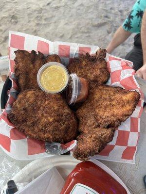 Chicken tenders.... I hear this is not what they normally look like and may have run out of the standard chicken fingers.