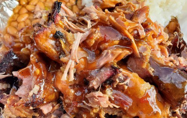 Beef brisket, baked beans, and rice....so delish!