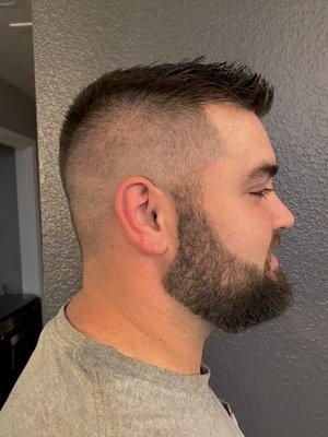 Fade with scissors on top, beard trim