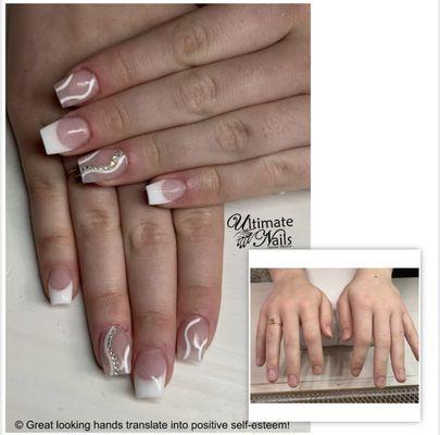 Sculpted acrylic nails, NO yellowing, NO plastic tips ever used. Over 400 colors Great looking hands translate into positive self-esteem!