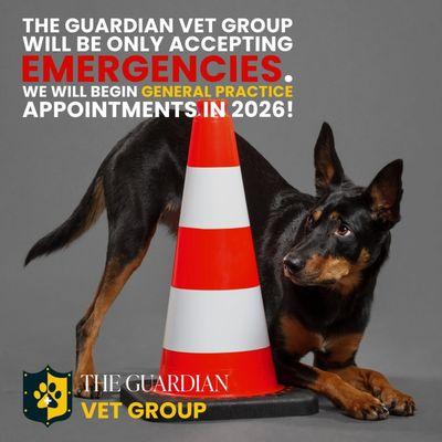 Update from The Guardian Vet Group,
in 2025, we will be pet emergency-only
and starting general practice in 2026. Located in Pittsville Md