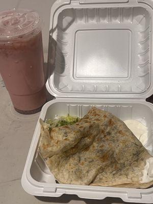 Flavor less water and a quesadilla with a hair in it.