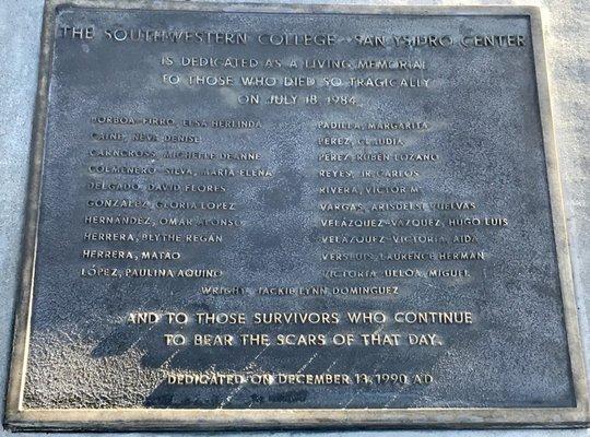 Plaque memorializing the 21 men, women & children who lost their lives in the McDonald's massacre that happened on this site in 1984.