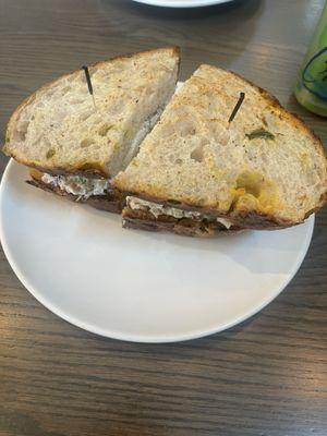 Chicken salad sandwich on jalapeno cheddar.