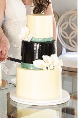 3-tiered cake to feed 75 for our wedding at home. Customized to coordinate with our themes.