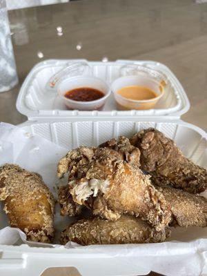 Crispy Salt & Pepper Wings and dipping sauces.