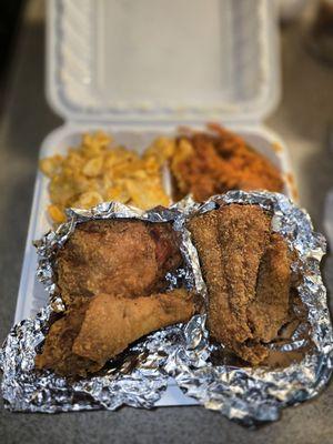 Fried Chicken, catfish, macncheese, and yams/sweet potatoes.
