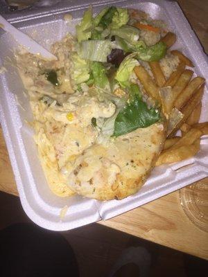 Pollo a la crema Chicken and crema with rice and French fries peppers and onions sautéed so good I get this every time I go yummy