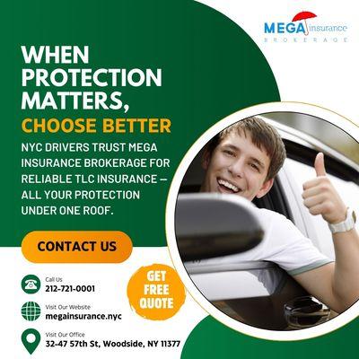 When protection matters, choose better.
NYC drivers trust Mega Insurance Brokerage for reliable TLC insurance.