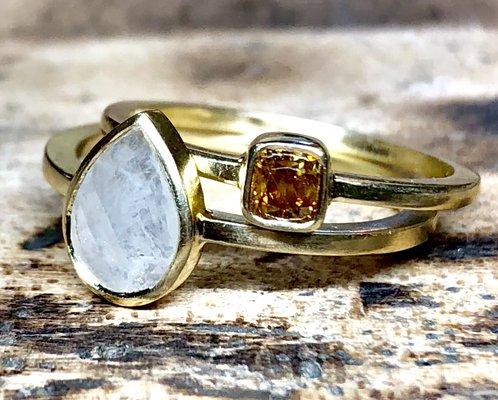 Handmade by Michael R. Kosinski. 18kyg, bezel set translucent white rosecut diamond. bezel set Cognac Diamond.