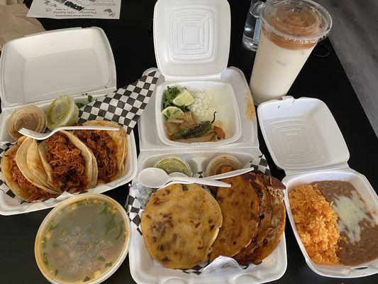 Pollo tacos, Platillo La Union, and horchata.