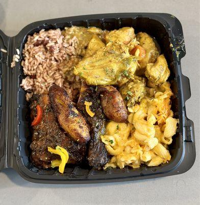 NUFF NUFF FOOD PLATE (Jerk Chicken, Curry Chicken, Rice and Peas, Mac and Cheese, Plantains)