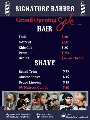 Grand Opening Sale! Barber Shop prices
Valid Dec 2025 - End of Jan 2026