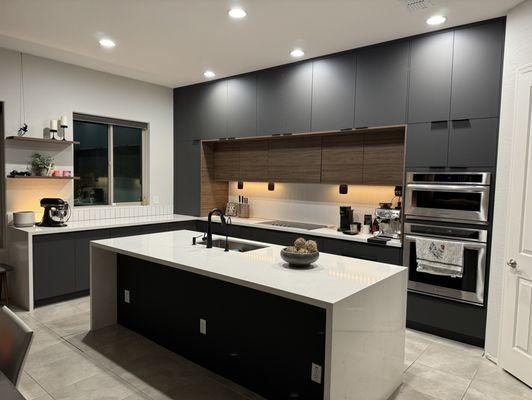 Kitchen with lights on