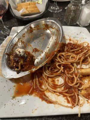 Tasteless meatball parm and cheap pasta.