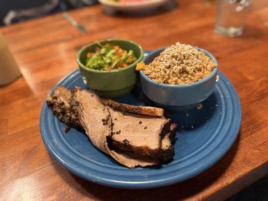 Beef brisket - a tad dry/dense, and killer sides - baked beans and mashed sweet potatoes with a sweet crunch. Very yummy!