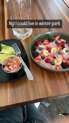 Açaí yogurt bowl and salmon + avocado side