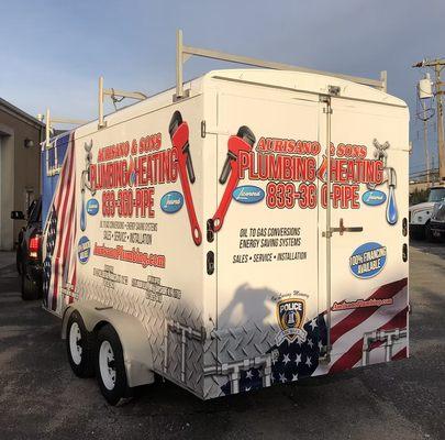 Professional trailer wrap for Aurisano Plumbing & Heating. Clear branding, services, and contact info, plus a patriotic theme!
