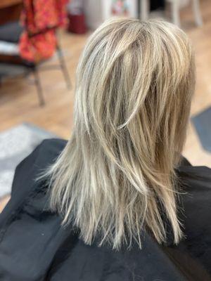 Dimensional Blonde with shag cut by Emily Henderson