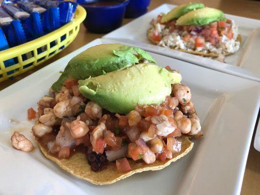 Shrimp and octopus tostada as well as a crab tostada