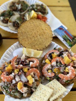 Ceviche mixta with 4 steak tacos