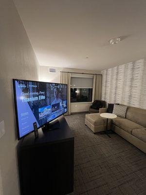 View of seating area from kitchenette