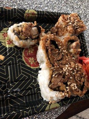this sushi is different sizes and I'm assuming they took it off peoples plates that didn't finish the sushi.
